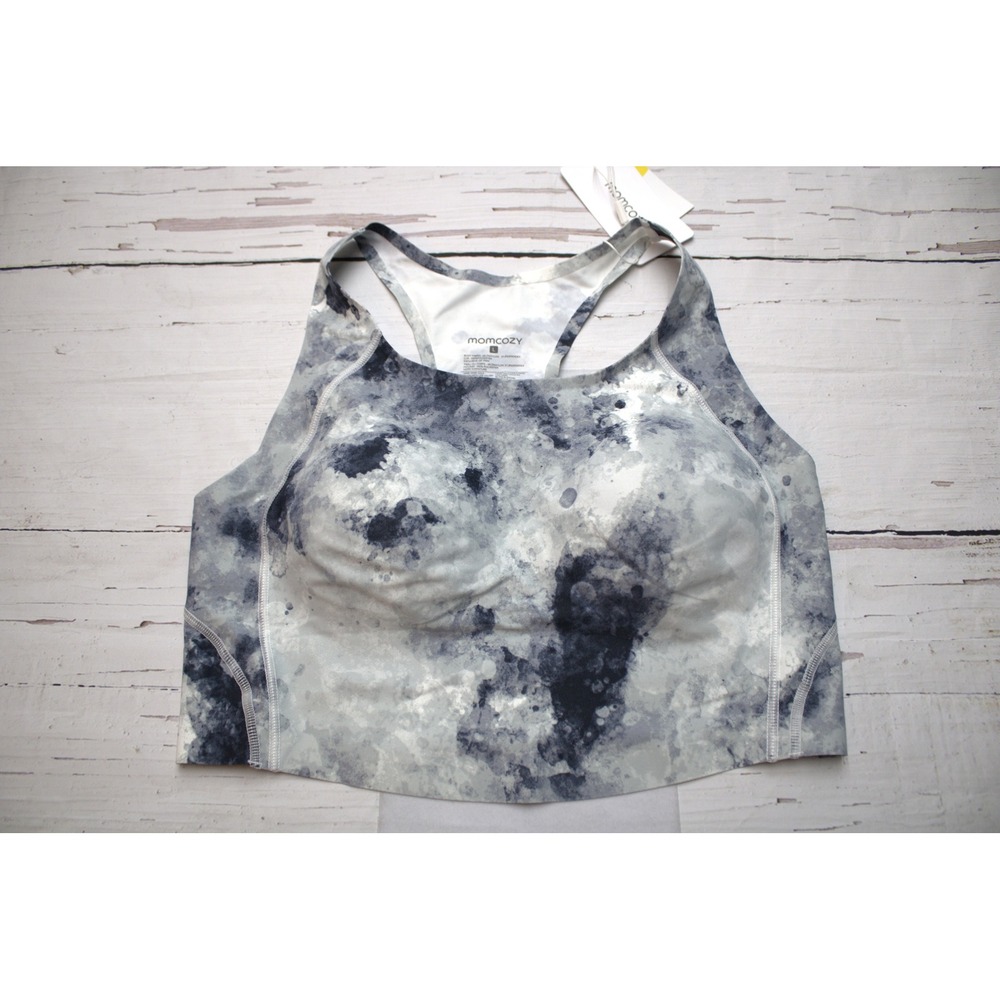 Momcozy Seamless Sports Bra Blue White Marble Tie Dye Racerback Wireless Large